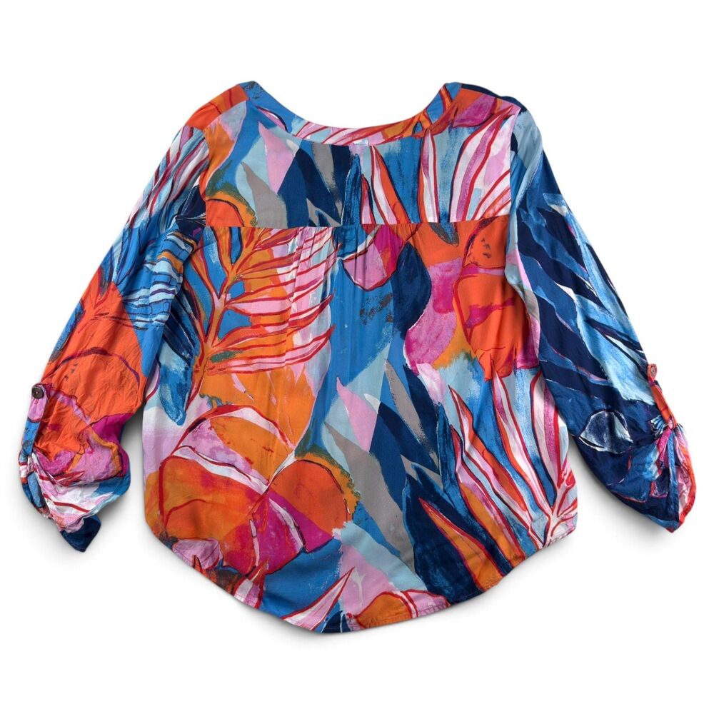 nic+zoe tropical floral blouse roll tab sleeves split neck boho colorful size m - Picture 2 of 9